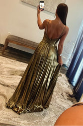 Golden Prom Dress A Line Backless Long Evening Dress With Slit